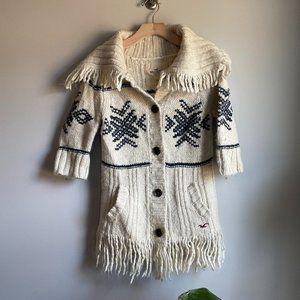 Retro Aztec Inspired Cream 3/4 Length Cardigan with Fringe Size XS/S